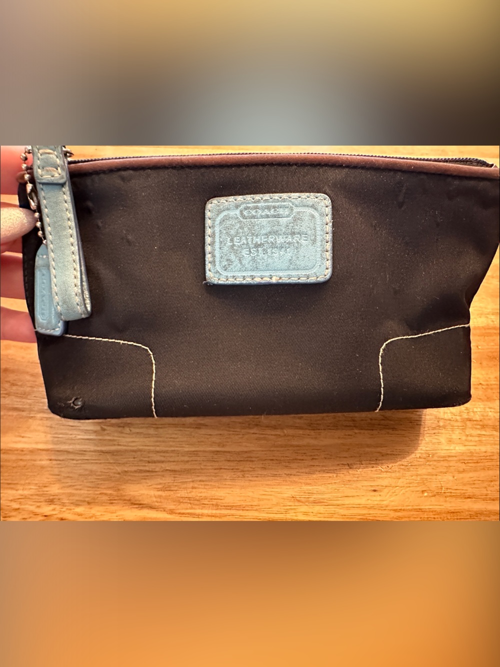 Y2K Black Nylon Hampton Coach Cosmetic Pouch with Brown and Light Blue Trim